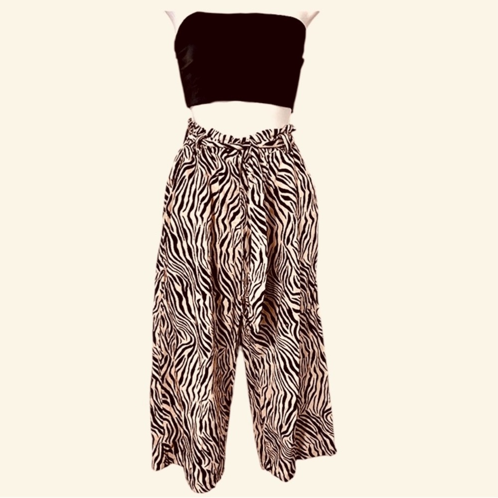 High Waisted Cropped Wide Leg  Brown Cream Zebra Print Flowy Cropped Pants S